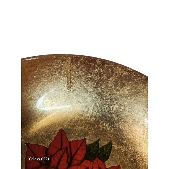 Christmas Holiday Glass Gold Bowl With Poinsettia Design - 10 Inch Diameter x 3 - Picture 6 of 12